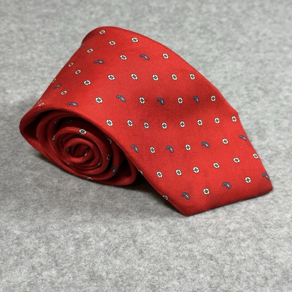 Filene's Boston Silk Tie‎ Red Foulard Paisley Dot Made Italy Vintage